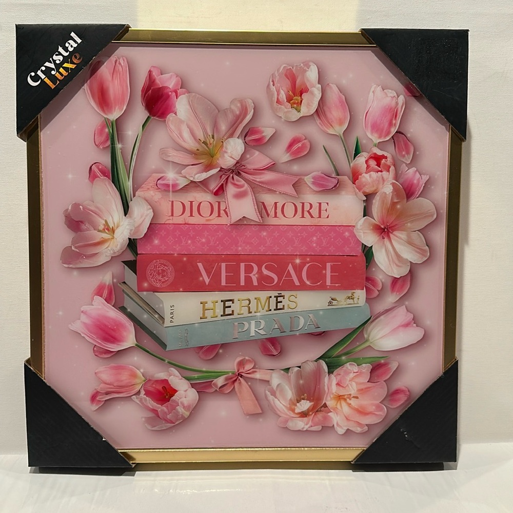 Crystal Luxe Designer Inspired Hanging Wall Painting w/Books and Roses Scene.